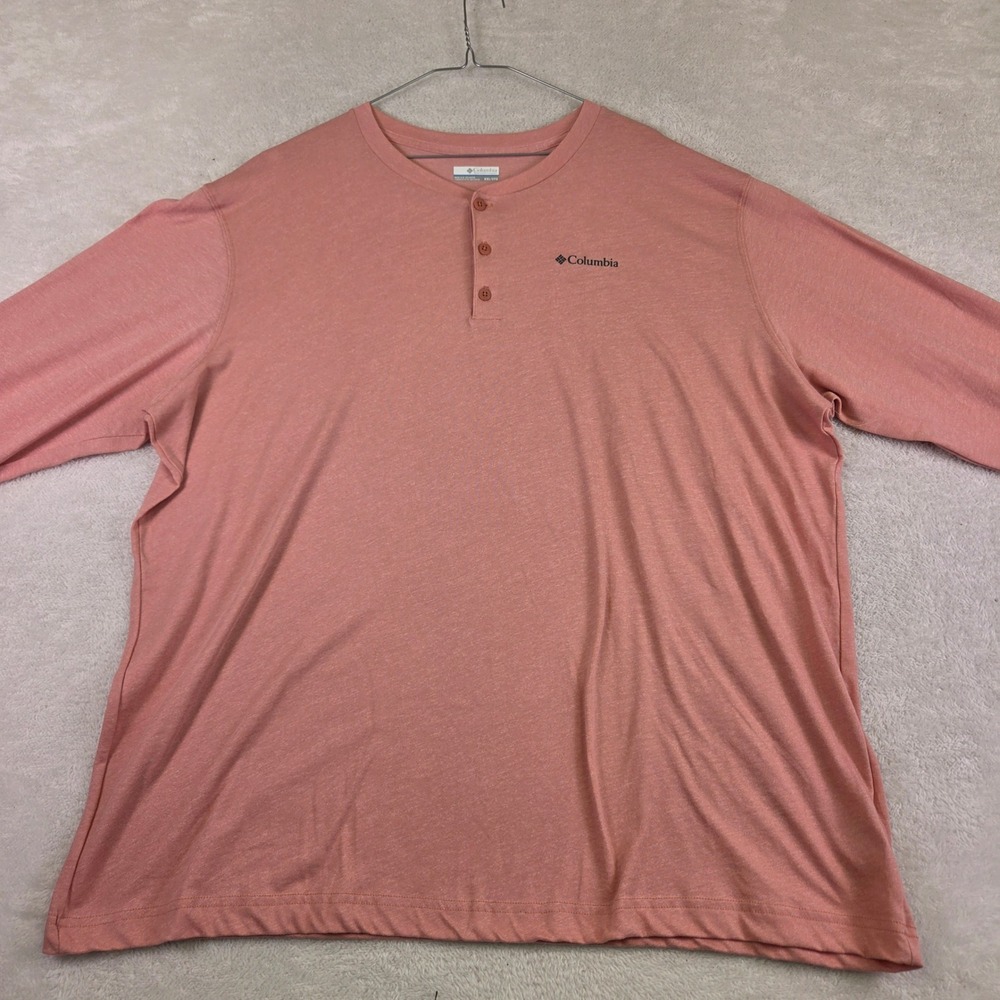 Columbia Mens XXL Long Sleeve Henley Shirt Coral Pink Heathered Wicking Logo